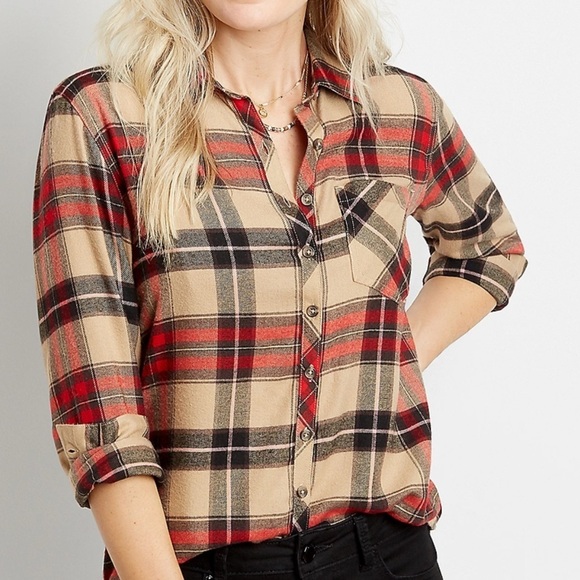 Maurices Tops - Maurices Khaki Plaid Super Soft Button Down Shirt